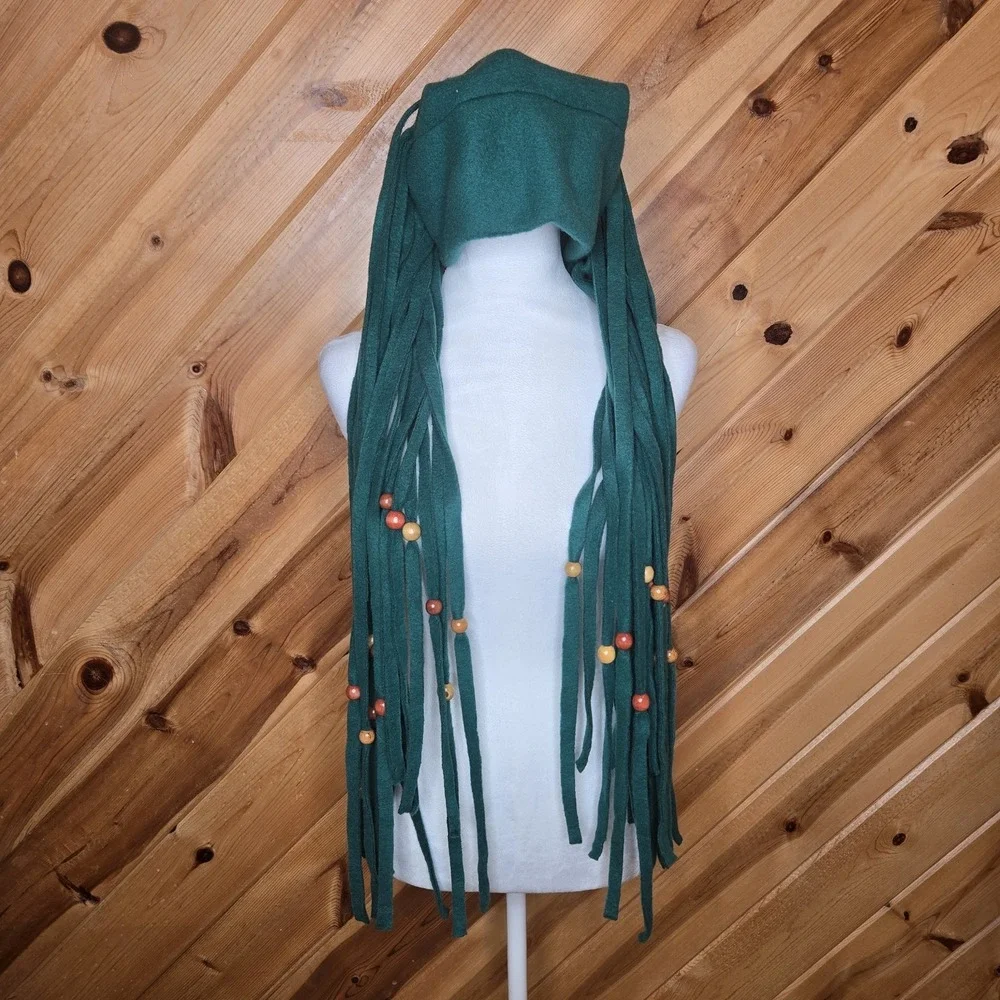 Green Fleece Headband Beanie Long Fringe‎ Dreads Beads Boho